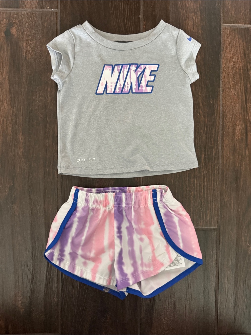 Nike Kids Gray Tee with Pink and Purple Tie-Dye Shorts Set